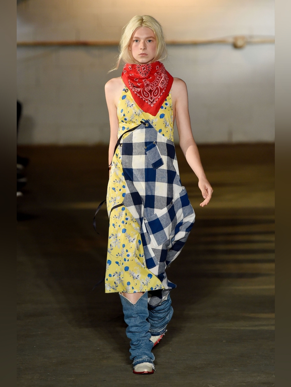 R13 Yellow Floral, Pastel Floral and Blue Check Double Apron Maxi Dress
